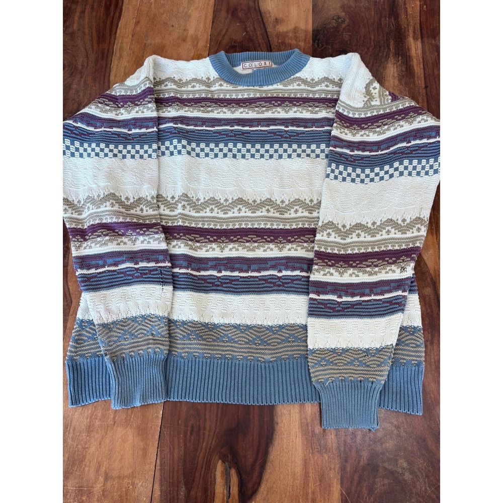 vtg COLORE crewneck sweater mens M geometric textured cotton knit Coogi style